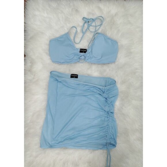 Icon Swim Light Blue Bikini Set With Ruched Cover Up Skirt & Halter Top Size M - Picture 3 of 12